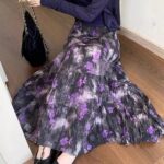 Skirt French-style vintage floral pleated high-waisted midi skirt