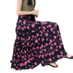 Skirt French-style vintage floral pleated high-waisted midi skirt
