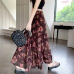 Skirt French-style vintage floral pleated high-waisted midi skirt