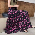 Skirt French-style vintage floral pleated high-waisted midi skirt