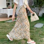 Skirt French-style vintage floral pleated high-waisted midi skirt
